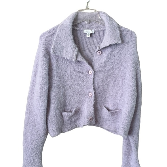 Topshop Cropped Lilac Eyelash Sweater Pockets Button-down Size 8 to 10 Collar - Picture 1 of 12